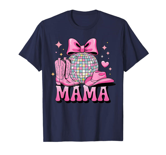 Pink Cowboy Hat Western Cowgirl Mama Bow Groovy Country Mom T-Shirt