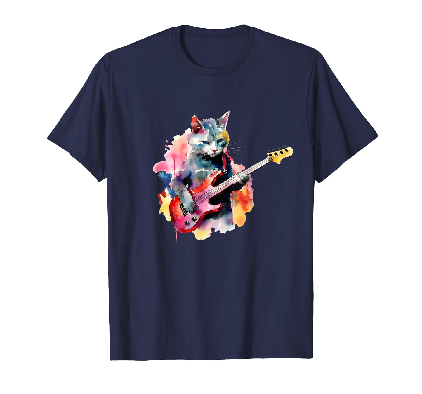 Cat Playing Bass Guitar Watercolor Graphic Design T-Shirt