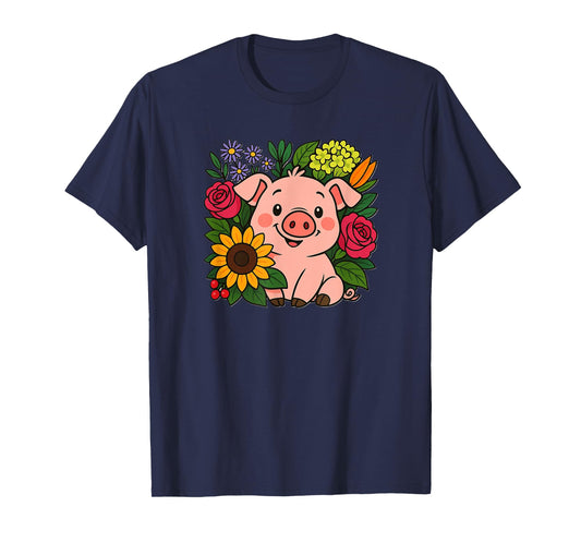 Cute Pig in Flowers Farm Animal T-Shirt