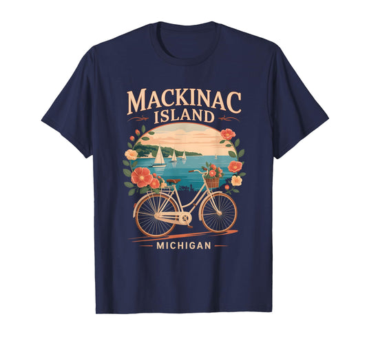 Vintage mackinac island michigan with Activities flower bike T-Shirt