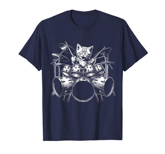 Kitten Rock Band Funny Kitty Drummer Cat Playing Drums T-Shirt