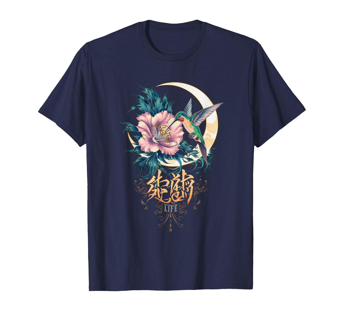 Vibrant Life Hummingbird with Hibiscus Moon Japanese Style T-Shirt