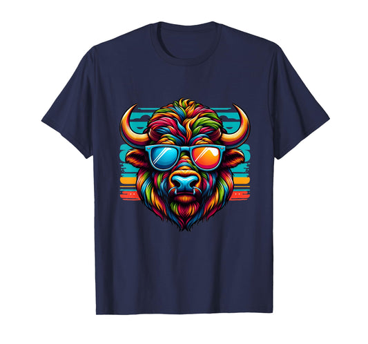 Colorful Art Bison Buffalo Wearing Sunglasses Cheerful Color T-Shirt
