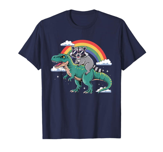 Funny Raccoon Riding T Rex Dinosaur Rainbow Fun Boys Girls T-Shirt