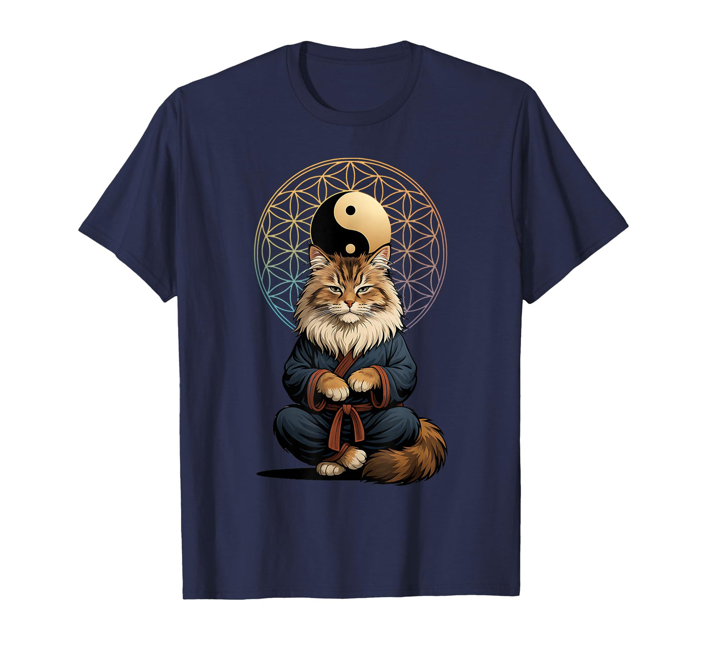 Tai Chi Cat Yin Yang Flower of Life Martial Arts Mainecoon T-Shirt