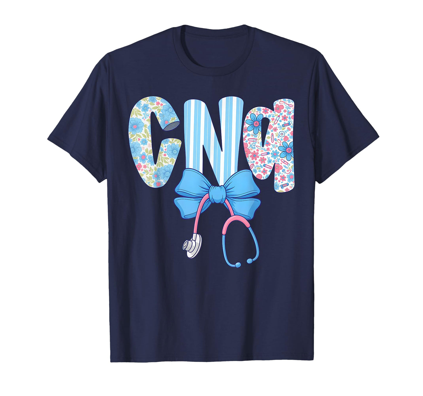 Coquette CNA Nurse Blue Floral Stethoscope Bow Cute Nurse T-Shirt
