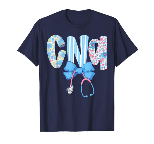 Coquette CNA Nurse Blue Floral Stethoscope Bow Cute Nurse T-Shirt