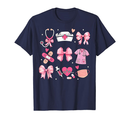 Women Pink Retro Nurse Coquette Pink Bow Girlie Nurse Life T-Shirt