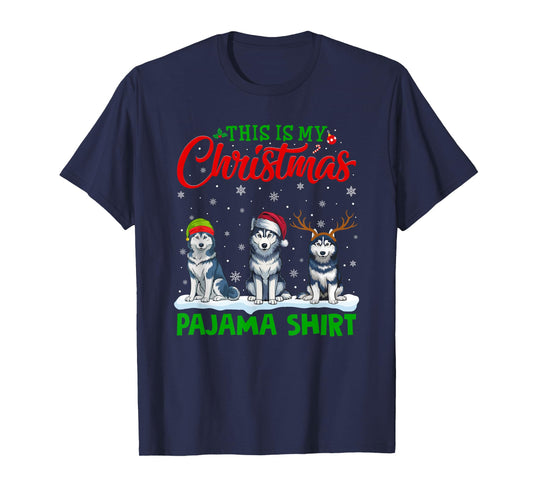 Xmas Santa Hat Reindeer Siberian Husky Dog Christmas Pajama T-Shirt