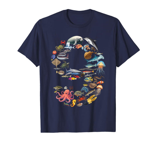 9 Years Old 9th Birthday Sea Ocean Animals Figures Number 9 T-Shirt