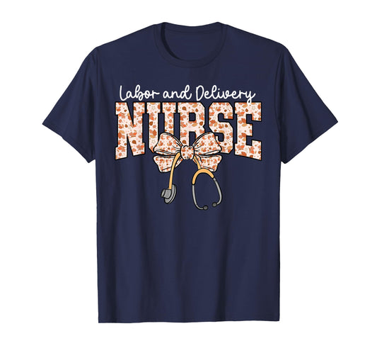 Fall Labor and Delivery Nurse Stethoscope Coquette Bow Women T-Shirt