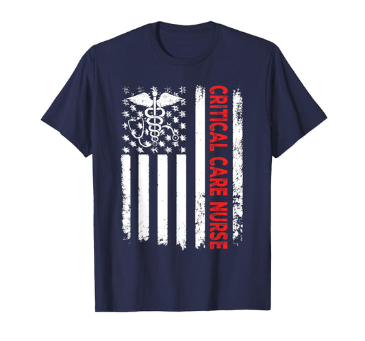Critical Care Nurse American Flag Patriotic Registered Nurse T-Shirt for Women Men