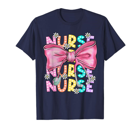 Floral Blue Coquette Bow Nurse Stethoscope Nursing Doctor T-Shirt
