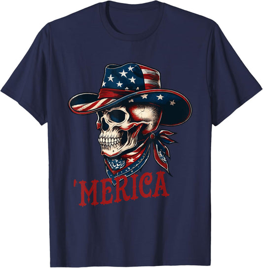 Funny Patriotic Merica Cowboy Hat Usa Flag 4th Of July T-shirt