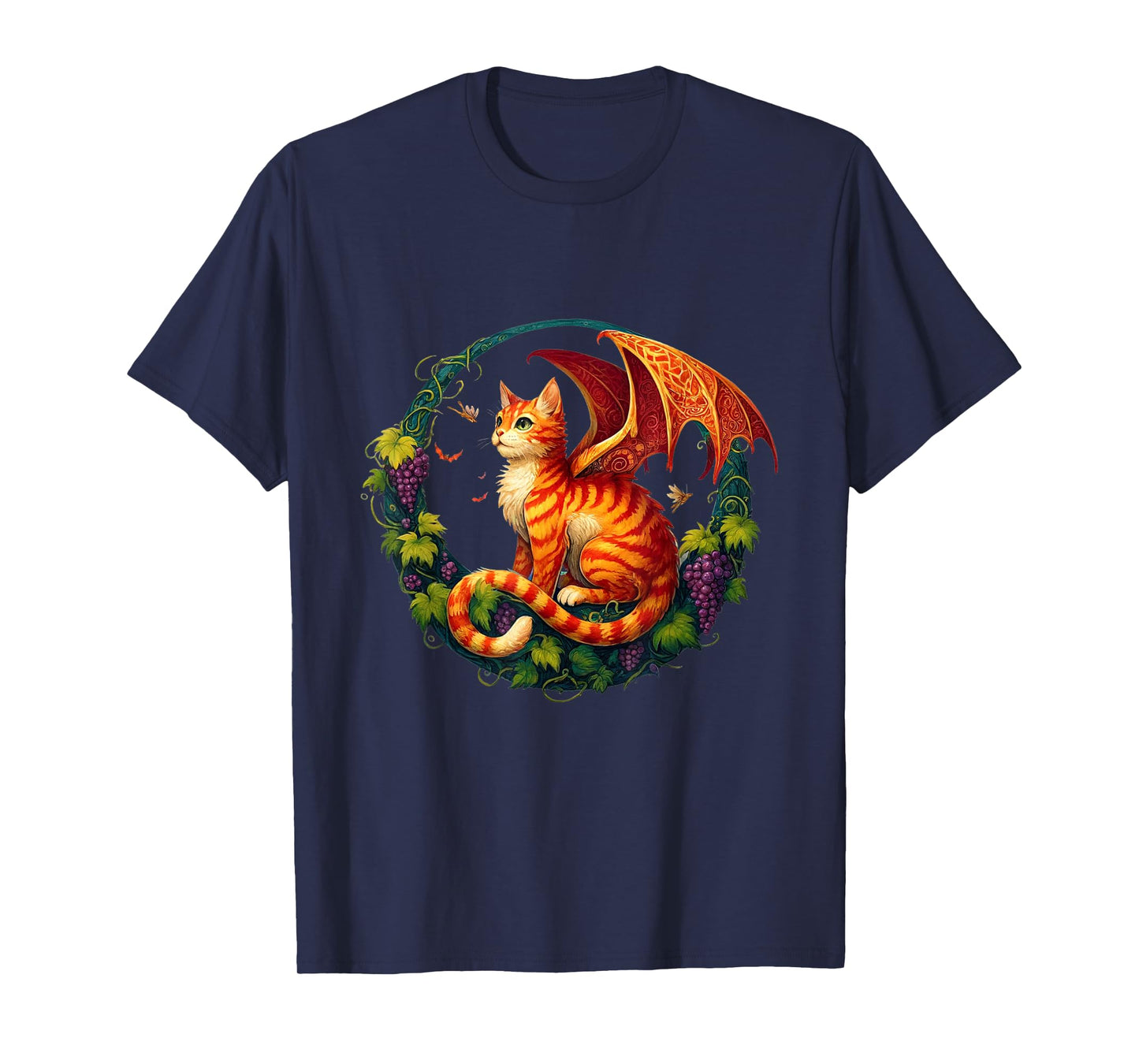 Retro Mystical Orange Tabby Dragon Cat Fae With Grapevines Men Women Kids T-Shirt