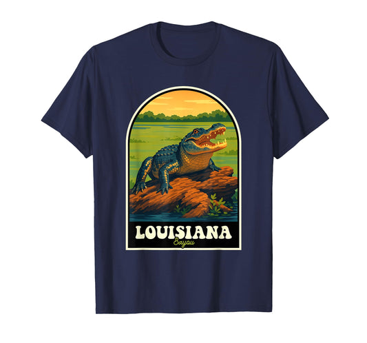 Louisiana Bayou Alligator Retro Wildlife Travel Art T-Shirt
