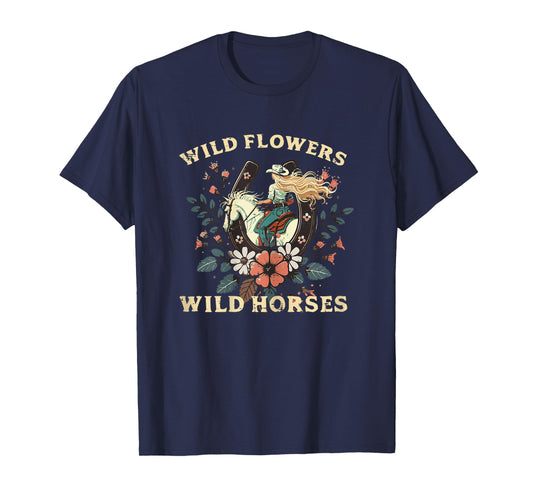 Wild Flowers Horses Vintage Equestrian Farm Women Girls Kids T-Shirt