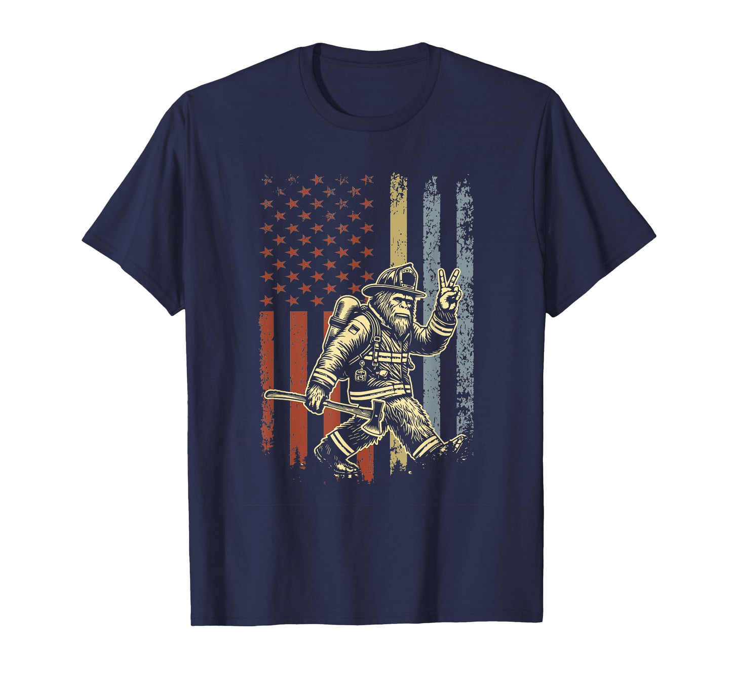 Retro American Flag Bigfoot Firefighter Sasquatch Fireman T-Shirt