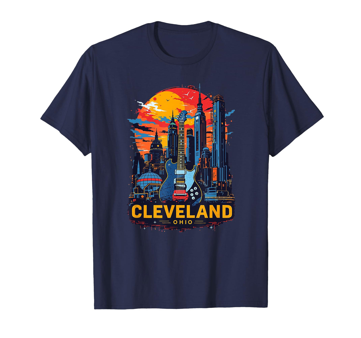 Vintage Cleveland Ohio Guitar Skyline Cityscape T-Shirt