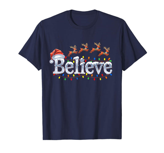 Christmas Believe Santa Claus Hat Reindeers Xmas Lights T-Shirt