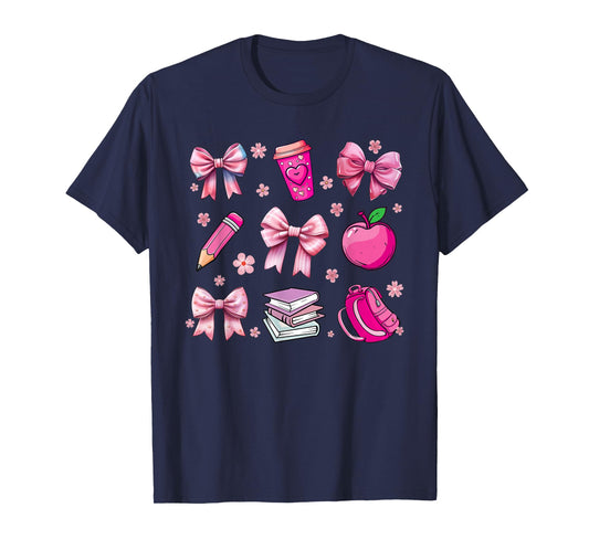 Back To School Pink Coquette Bow Pencil Apple Kids Girls T-Shirt