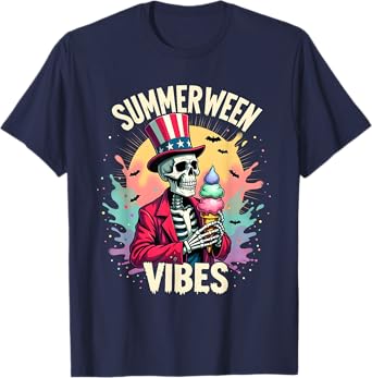 Summerween Skeleton Ice Cream Patriotic Creepy Cool T-Shirt