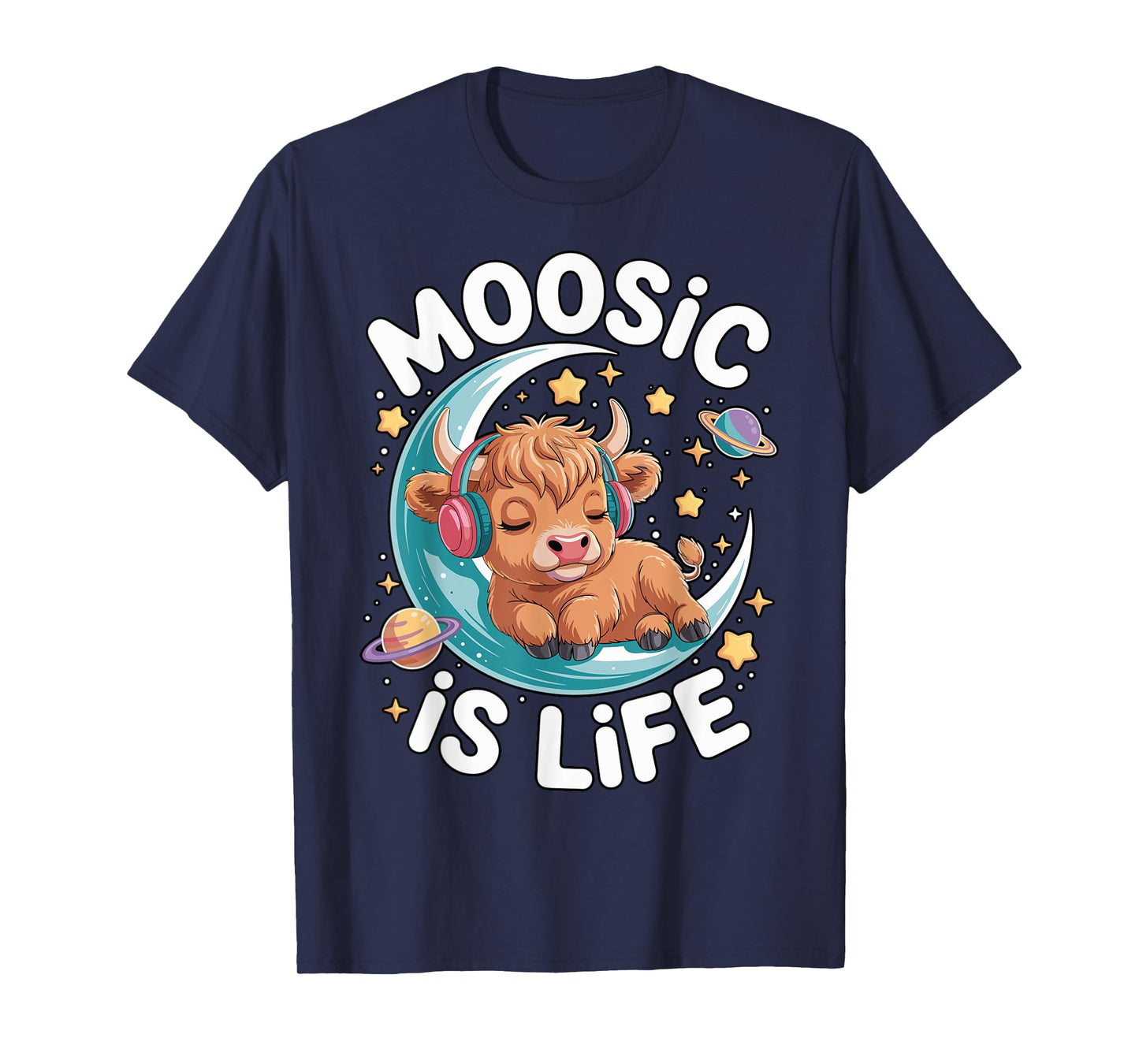 Funny Moosic is Life Cute High Land Cow On Moon Women, Girls T-Shirt