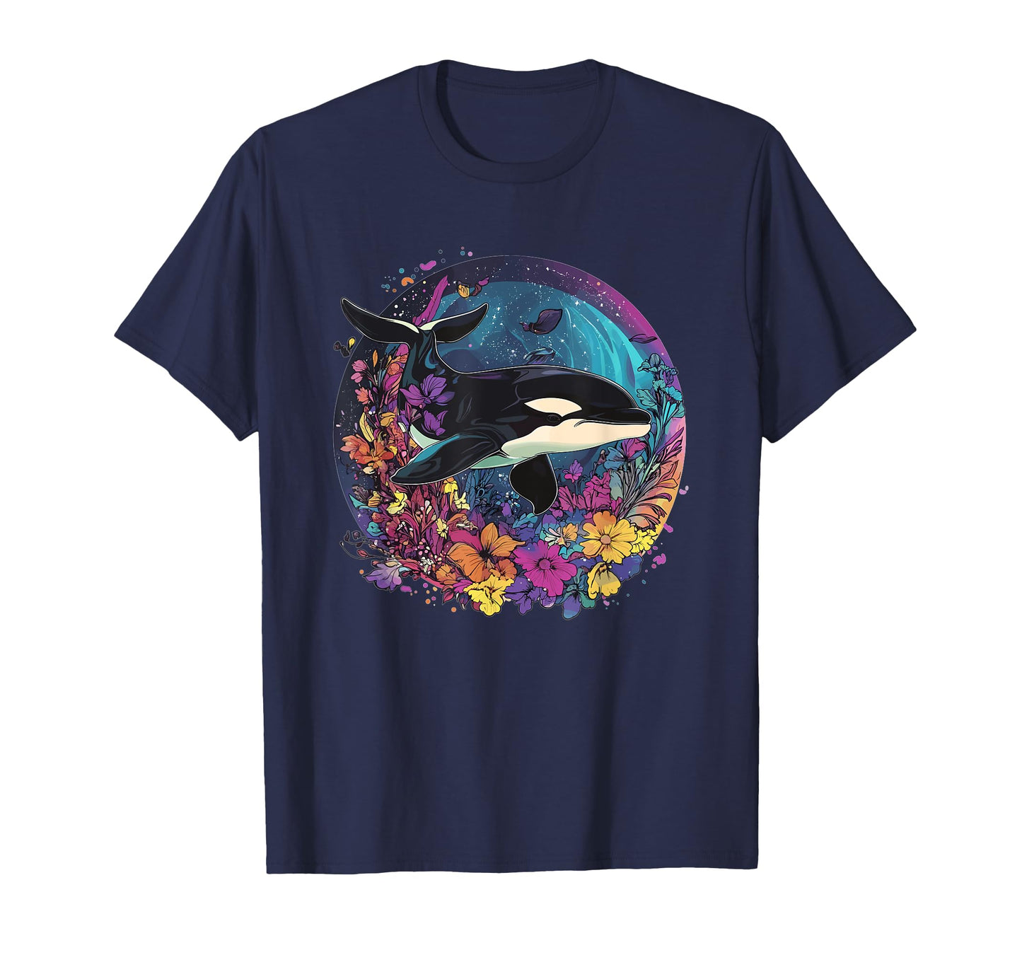Orca Whale Surrounded By Vibrant Flowers T-Shirt