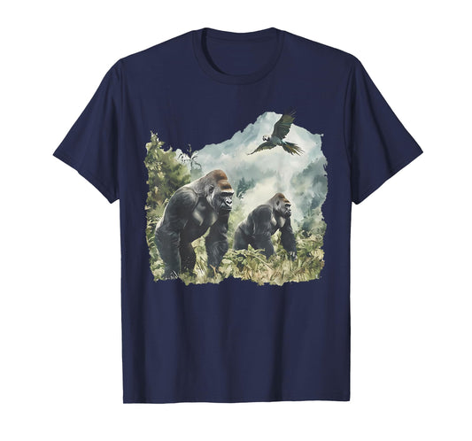 Vintage Silverback Gorilla and African Grey Parrot Wildlife T-Shirt