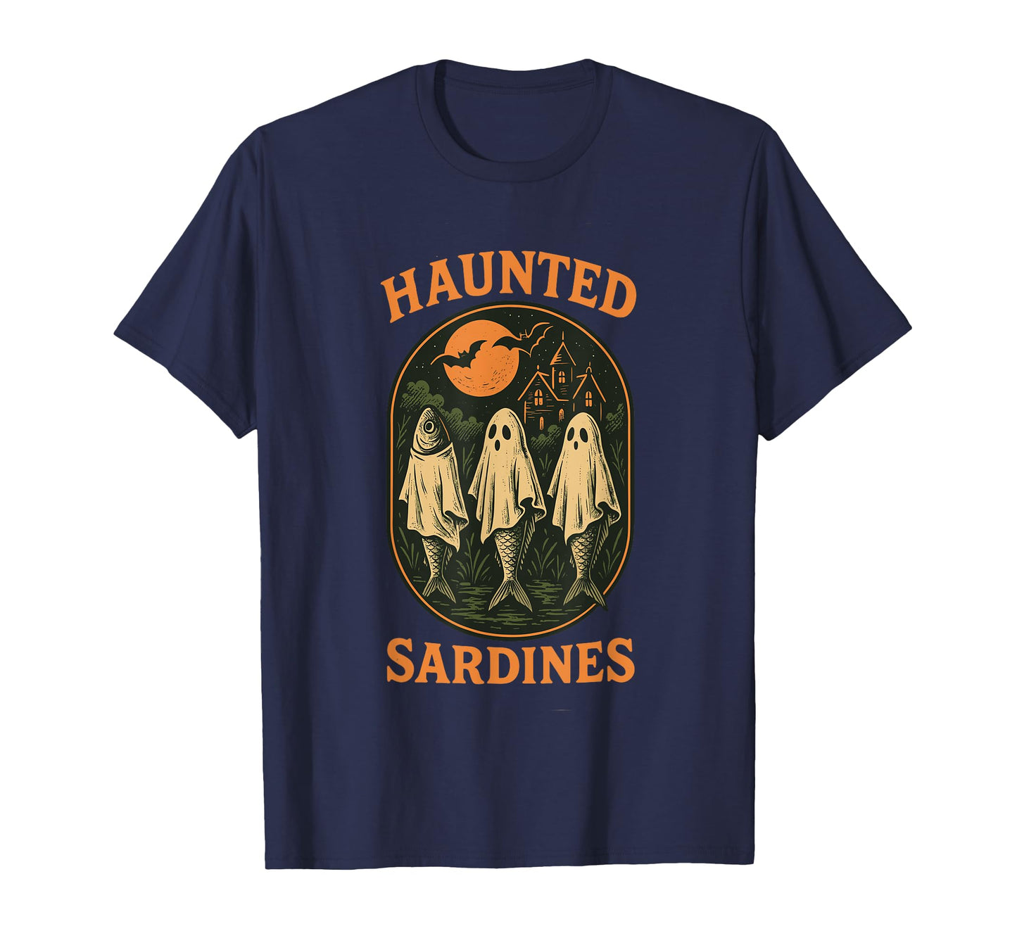 Haunted Sardines Halloween Fish Skeleton Ghost Retro Fishing T-Shirt
