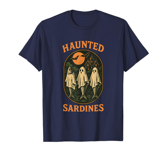 Haunted Sardines Halloween Fish Skeleton Ghost Retro Fishing T-Shirt