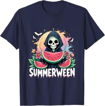 Summerween Skeleton Eating Watermelon Funny Halloween T-Shirt