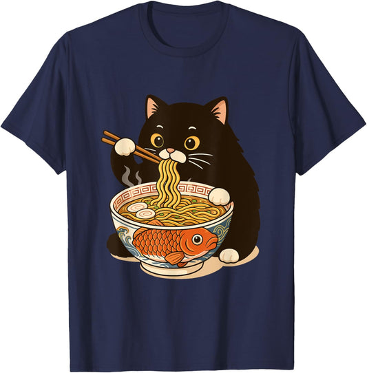 Fat Cat Ramen Anime Meme Eating Noodles Kawaii T-Shirt