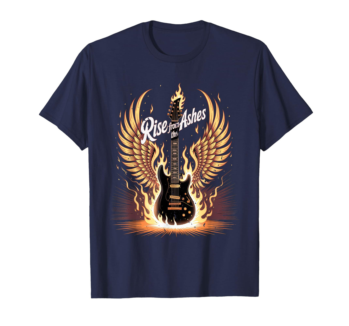 Electric Guitar Graphic with Fiery Winged Silhouette in Blac T-Shirt
