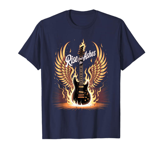 Electric Guitar Graphic with Fiery Winged Silhouette in Blac T-Shirt