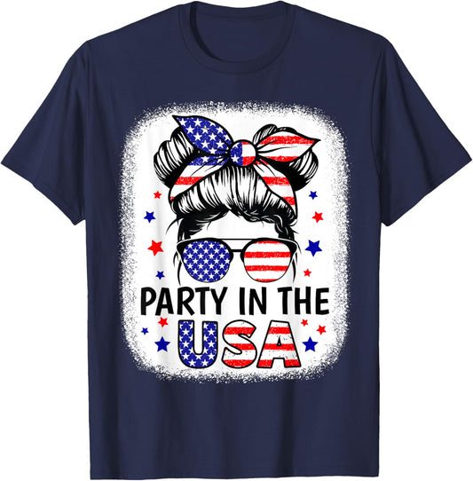 Party In USA Girls 4th of July Shirt Daughter Messy Bun USA T-Shirt