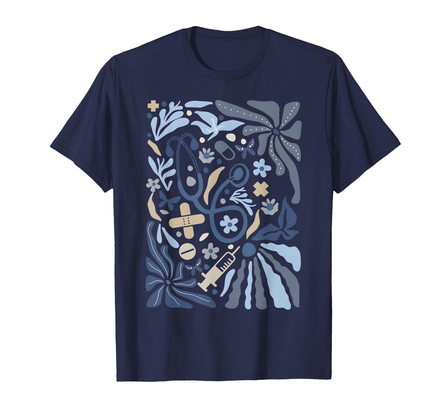 Boho Floral Nurse Vintage Botanical Blue Flowers Stethoscope T-Shirt