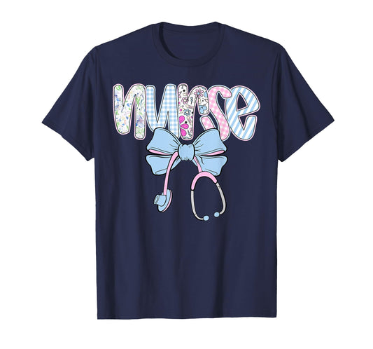 Nurse Floral Blue Coquette Bow Nurse Stethoscope RN CNA ER T-Shirt