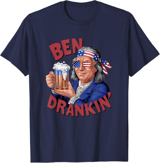 Funny 4th of July US President Party Franklin Ben Drankin T-Shirt, Small, Blue