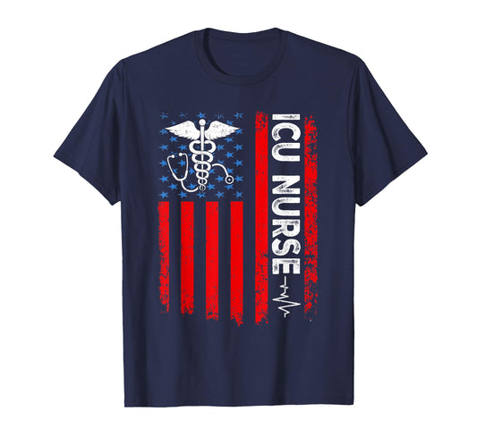 ICU Nurse American Flag Patriotic Intensive Care Unit Nurse T-Shirt