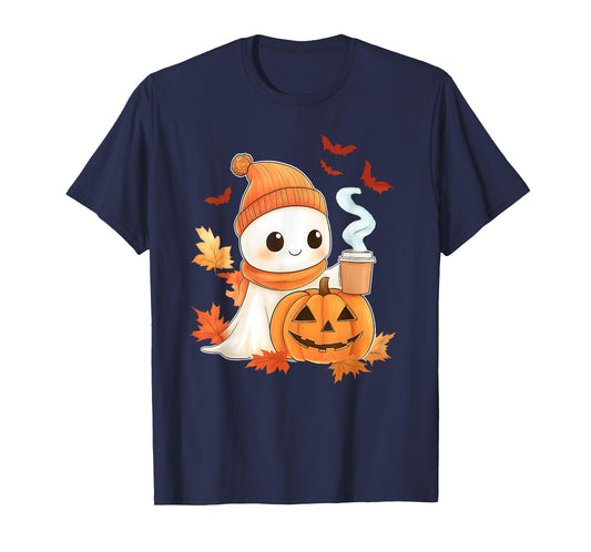Cute Ghost Coffee Lover Halloween Ghost Pumpkin Spice Womens T-Shirt