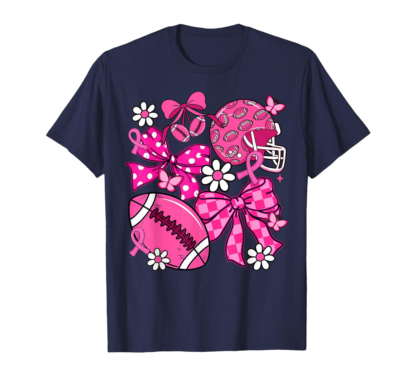 Coquette Bow Breast Cancer Awareness Football Pink Ribbon T-Shirt