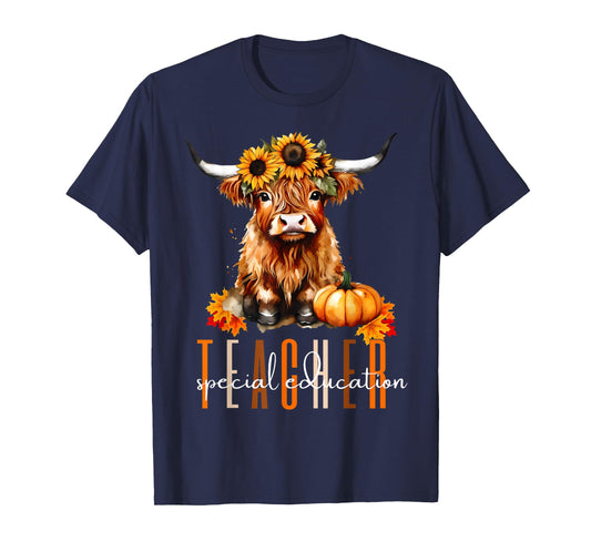 Fall Highland Cow Special Education Teacher Halloween Autumn T-Shirt for Men Women