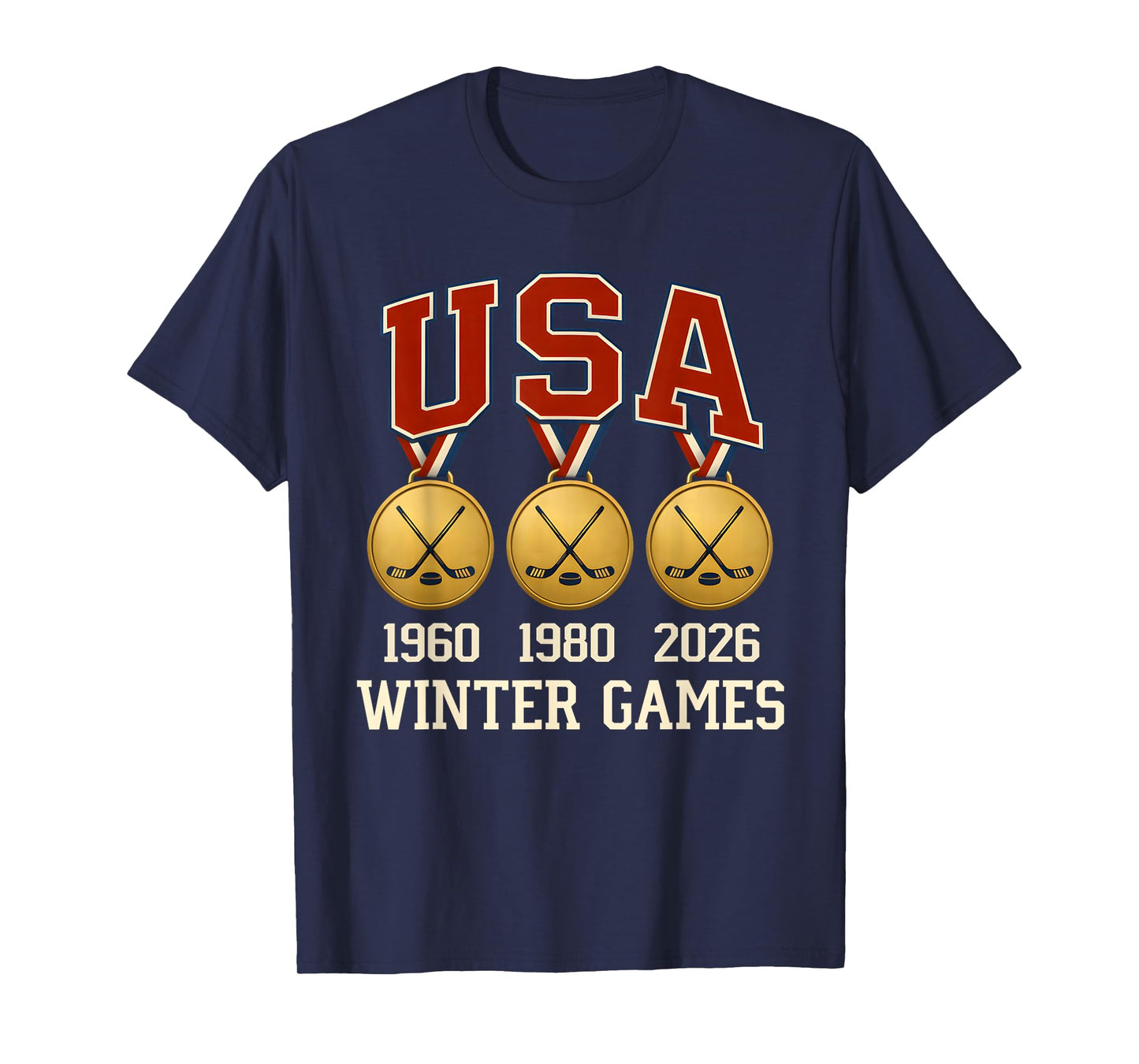 Ice Hockey 2026 Sticks US Flag Patriotic Player Men Boys Kid T-Shirt - T-Shirt | Navy