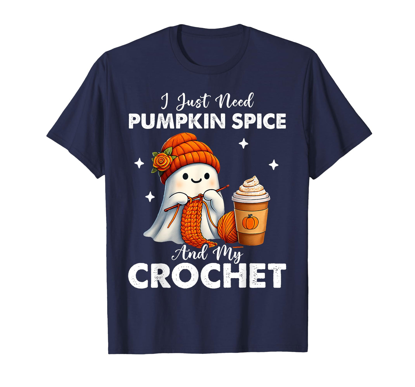 Cute Ghost Crochet Knitting Lovers Halloween Pumpkin Spice T-Shirt