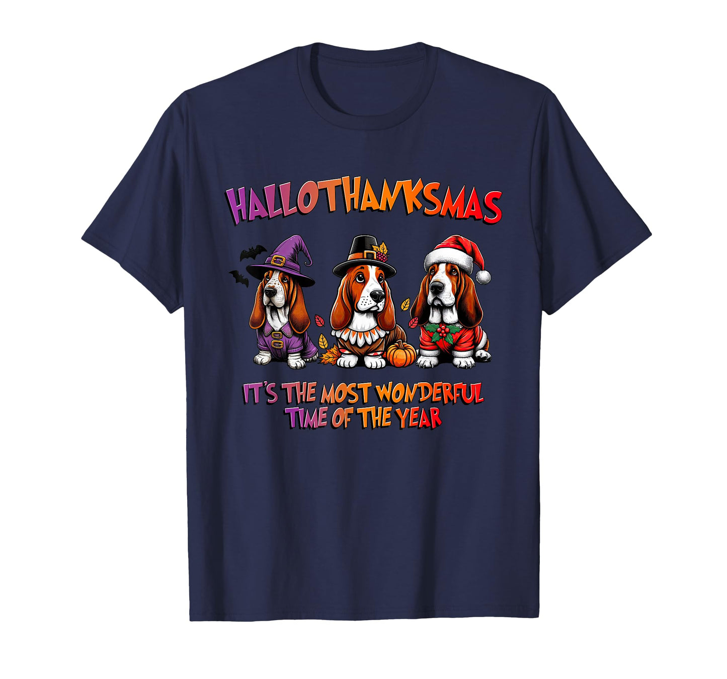 Basset Hound Halloween Thanksgiving Christmas Men Women Kid T-Shirt