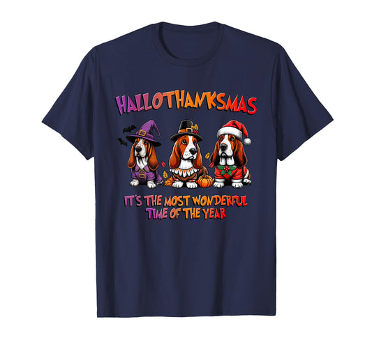 Basset Hound Halloween Thanksgiving Christmas Men Women Kid T-Shirt