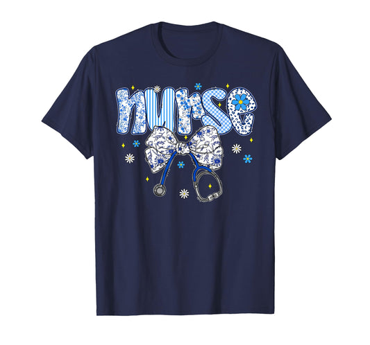 Nurse Floral Coquette Blue Stethoscope Bow Life for Women T-Shirt