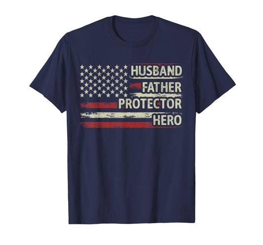 Mens Husband Father Protector Hero Dad American Flag Fathers Day T-Shirt