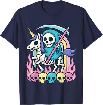 Grim Reaper Riding Skeleton Unicorn Halloween Pastel Rainbow T-Shirt